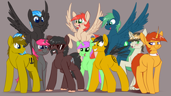 Size: 3840x2160 | Tagged: safe, artist:underpable, oc, oc only, oc:emerald, oc:firefly, oc:nimbus, oc:twitchy rudder, earth pony, pony, unicorn, commission, cute, female, grin, group, high res, male, mare, simple background, smiling, stallion, sunglasses