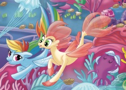 Size: 883x634 | Tagged: safe, haven bay, jamal, rainbow dash, octopus, pony, seapony (g4), g4, my little pony: the movie, clothes, colored pupils, coral, female, fin wings, fish tail, green eyes, looking at each other, mare, open mouth, purple eyes, seaponified, seapony rainbow dash, seaquestria, seashell, seaweed, see-through, smiling, species swap, swimming, tail, underwater, water, wings