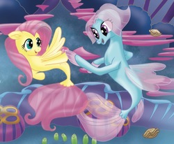 Size: 766x630 | Tagged: safe, fluttershy, salina blue, pegasus, seapony (g4), g4, my little pony: the movie, bubble, coral, dorsal fin, duo, duo female, female, fin, fin wings, fins, fish tail, flowing mane, flowing tail, green eyes, happy, high five, looking at each other, looking at someone, mare, ocean, open mouth, open smile, scales, seaponified, seapony fluttershy, seaquestria, seashell, seaweed, smiling, smiling at each other, species swap, swimming, tail, throne room, touching hooves, underwater, water, wings