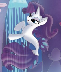 Size: 466x551 | Tagged: safe, rarity, pony, seapony (g4), unicorn, g4, my little pony: the movie, blue eyes, blue mane, colored pupils, dorsal fin, eyelashes, female, fish tail, flowing mane, flowing tail, horn, lidded eyes, ocean, open mouth, seaponified, seapony rarity, seaquestria, smiling, solo, species swap, swimming, tail, underwater, water
