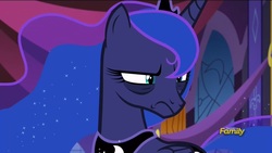 Size: 1366x768 | Tagged: safe, screencap, princess luna, pony, a royal problem, g4, angry, bags under eyes, discovery family logo, exhausted, faic, female, glare, grumpy, mare, scowl, solo, tired