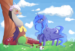 Size: 1412x949 | Tagged: safe, artist:kiyoon, discord, princess luna, alicorn, draconequus, pony, g4, blushing, female, male, mare, s1 luna, ship:lunacord, shipping, straight, tree