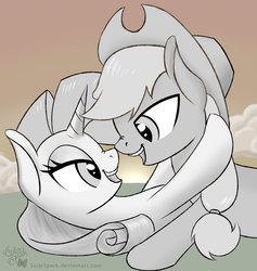 Size: 1024x1082 | Tagged: safe, artist:solarspark, applejack, rarity, pony, g4, atg 2017, female, lesbian, looking at each other, newbie artist training grounds, ship:rarijack, shipping