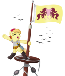 Size: 3543x4133 | Tagged: safe, artist:lumorn, noi, earth pony, pony, g4, bipedal, crow's nest, cute, female, flag, movie accurate, outfit, pirate, ponyville flag, solo, sword, weapon