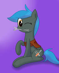 Size: 1600x2000 | Tagged: safe, artist:joey, oc, oc only, oc:jade shine, pegasus, pony, bound wings, cute, female, gradient background, mare, mouth hold, one eye closed, raised hoof, signature, sitting, solo, wink, wrench