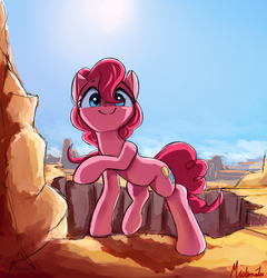 Size: 1400x1460 | Tagged: safe, artist:miokomata, pinkie pie, earth pony, pony, g4, canyon, cute, desert, diapinkes, female, looking at you, mare, pointing, raised hoof, scenery, smiling, solo, sun