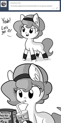 Size: 1650x3300 | Tagged: safe, artist:tjpones, oc, oc only, oc:brownie bun, earth pony, pony, horse wife, ask, cereal, chest fluff, comic, dialogue, diet, drink, drinking, drinking straw, ear fluff, female, food, grayscale, monochrome, oatacola, simple background, solo, sweatband, tumblr, white background