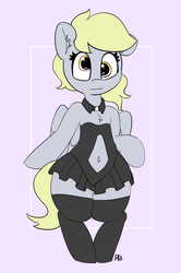 Size: 4962x7462 | Tagged: safe, artist:pabbley, derpy hooves, pegasus, pony, g4, absurd resolution, adorasexy, belly button, bipedal, black dress, chest fluff, clothes, cute, dress, female, mare, navel cutout, sexy, socks, solo, stockings, thigh highs