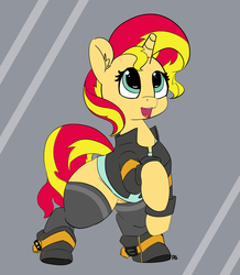 Size: 6773x7762 | Tagged: safe, artist:pabbley, sunset shimmer, pony, unicorn, g4, absurd resolution, clothes, equestria girls outfit, female, jacket, leather jacket, mare, newbie artist training grounds, open mouth, raised hoof, shoes, solo, stockings, thigh highs