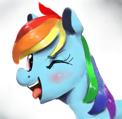 Size: 724x707 | Tagged: safe, artist:toisanemoif, rainbow dash, pegasus, pony, g4, blushing, bust, female, looking at you, mare, one eye closed, open mouth, portrait, smiling, solo, tongue out, wink