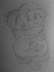 Size: 960x1280 | Tagged: artist needed, safe, fluttershy, oc, oc:floor bored, earth pony, pegasus, pony, g4, 4chan, holding, monochrome, scared, traditional art, wavy mouth