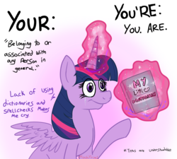 Size: 1000x900 | Tagged: safe, artist:mochifries, twilight sparkle, alicorn, pony, g4, book, crying, dictionary, female, grammar nazi, levitation, magic, public service announcement, solo, telekinesis, twilight sparkle (alicorn)