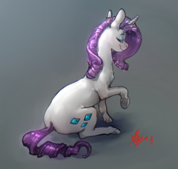 Size: 2440x2320 | Tagged: safe, artist:alumx, rarity, pony, unicorn, g4, colored hooves, eyeshadow, female, gray background, high res, lidded eyes, looking back, makeup, mare, raised hoof, realistic horse legs, rear view, simple background, sitting, smiling, solo