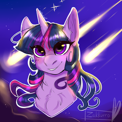 Size: 800x800 | Tagged: safe, artist:zakkurro, twilight sparkle, pony, g4, bust, chest fluff, female, shooting star, signature, smiling, solo