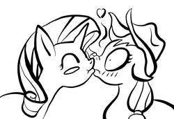 Size: 1751x1202 | Tagged: safe, artist:justanotherponyartblog, applejack, rarity, earth pony, pony, unicorn, g4, duo, female, heart, just another pony art blog, kiss on the lips, kissing, lesbian, lineart, mare, monochrome, practice drawing, romantic, ship:rarijack, shipping, surprise kiss, surprised, sweet