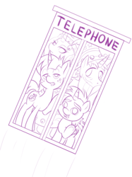 Size: 665x887 | Tagged: safe, artist:dstears, princess platinum, snails, snips, star swirl the bearded, pony, unicorn, g4, bill & ted, bill & ted's excellent adventure, cute, diasnails, monochrome, newbie artist training grounds, parody, phone booth, simple background, white background