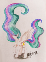 Size: 754x1008 | Tagged: safe, artist:shamy-crist, princess celestia, alicorn, pony, g4, female, raised hoof, smiling, solo, traditional art