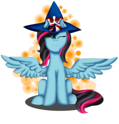 Size: 3350x3500 | Tagged: safe, artist:shamy-crist, oc, oc only, oc:cakie, pegasus, pony, eyes closed, female, hat, high res, mare, simple background, sitting, solo, spread wings, transparent background, wings, witch hat