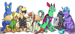 Size: 1024x473 | Tagged: safe, artist:anonymous-potayto, oc, oc only, oc:cloudy day, oc:high note, oc:magic mike, oc:night rain, oc:rave rush, oc:sting, oc:striped sweater, oc:turtle neck, changedling, changeling, earth pony, pegasus, pony, unicorn, changeling oc, colt, digital art, female, interspecies offspring, magical gay spawn, magical lesbian spawn, male, mare, next generation, offspring, parent:derpy hooves, parent:neon lights, parent:octavia melody, parent:soarin', parent:spike, parent:starlight glimmer, parent:thorax, parent:thunderlane, parent:tree hugger, parent:trenderhoof, parent:trixie, parent:vinyl scratch, parents:soarilane, parents:startrix, parents:thoraxspike, parents:trenderpy, parents:vinylights, stallion, sunglasses, tongue out