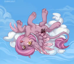 Size: 4200x3637 | Tagged: safe, artist:share dast, oc, oc only, pony, sphinx, cloud, looking at you, on back, paws, slit pupils, solo, spread wings, tongue out, wings