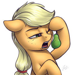 Size: 1017x1032 | Tagged: safe, artist:deltauraart, applejack, earth pony, pony, g4, blasphemy, female, food, fruit heresy, mare, open mouth, pear, pearesy, simple background, solo, white background