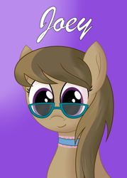 Size: 1250x1750 | Tagged: safe, artist:joey, oc, oc only, oc:dawnsong, earth pony, pony, badge, bust, choker, cute, female, glasses, gradient background, mare, portrait, smiling, solo