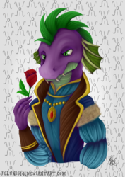 Size: 1024x1448 | Tagged: safe, artist:julunis14, spike, dragon, g4, clothes, fangs, flower, jewelry, male, necklace, older, older spike, rose, solo