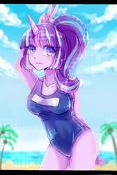 Size: 1077x1600 | Tagged: safe, artist:桃心十字架, starlight glimmer, human, g4, beach, belly button, breasts, clothes, cute, female, glimmerbetes, horn, horned humanization, humanized, peace sign, school swimsuit, solo, sukumizu, swimsuit