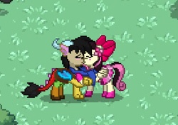 Size: 8598x6047 | Tagged: safe, edit, discord, oc, pony, pony town, g4, absurd resolution, canon x oc, cute, girlfriend, holding hooves, kissing, romance, shared scarf, shipping