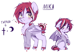 Size: 801x567 | Tagged: safe, artist:shiromidorii, oc, oc only, oc:mika, bat pony, pony, clothes, colt, hoodie, male, reference sheet, solo