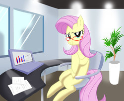 Size: 2543x2063 | Tagged: safe, artist:neoshrek, fluttershy, pony, g4, chair, computer, cute, female, glasses, high res, laptop computer, office, plant, shyabetes, solo