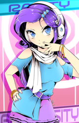 Size: 783x1216 | Tagged: safe, artist:banzatou, rarity, human, g4, anime, bracelet, breasts, clothes, eyeshadow, female, hand on hip, headphones, humanized, jewelry, makeup, nail polish, smiling, solo