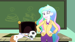 Size: 1280x720 | Tagged: safe, screencap, princess celestia, principal celestia, equestria girls, g4, my little pony equestria girls: summertime shorts, subs rock, apron, clothes, football