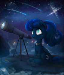 Size: 2500x2930 | Tagged: safe, artist:skrayp, princess luna, alicorn, pony, g4, female, high res, looking up, mare, shooting star, sky, solo, stargazing, stars, telescope