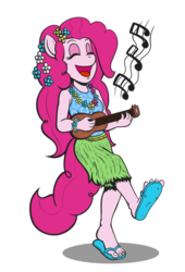 Size: 752x1109 | Tagged: safe, artist:regularmouseboy, pinkie pie, anthro, plantigrade anthro, equestria girls, g4, my little pony equestria girls: rainbow rocks, shake your tail, clothes, cute, diapinkes, eyes closed, feet, female, flip-flops, floral necklace, flower, flower in hair, grass skirt, happy, hopping, hula, hulapie, laughing, lei, music notes, musical instrument, open mouth, ponk, sandals, simple background, skirt, solo, transparent background, ukulele