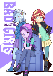 Size: 2590x3663 | Tagged: safe, artist:caibaoreturn, starlight glimmer, sunset shimmer, trixie, equestria girls, g4, anime, beanie, beautiful, boots, chair, clothes, converse, counterparts, crossed arms, crossed legs, cute, female, hat, high res, hoodie, jacket, leaning, leather jacket, looking at you, magical trio, moe, shoes, sitting, skirt, smiling, socks, trio, twilight's counterparts