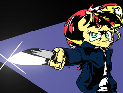 Size: 530x400 | Tagged: safe, artist:fishimira, sunset shimmer, unicorn, anthro, g4, clothes, knife, sashimi knife, suit