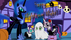 Size: 1280x720 | Tagged: safe, artist:hakunohamikage, nightmare moon, princess luna, spike, twilight sparkle, oc, oc:nyx, alicorn, dragon, ghost, pony, ask-princesssparkle, g4, ask, bedsheet ghost, bodypaint, clothes, costume, dia de los muertos, dress, flower, flower in hair, nightmare night, nightmare night costume, tumblr, twilight sparkle (alicorn)