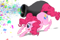 Size: 749x503 | Tagged: dead source, safe, artist:m0on13aby, pinkie pie, earth pony, pony, g4, cannon, confetti, female, happy, mare, simple background, solo, white background