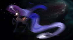 Size: 958x527 | Tagged: dead source, safe, artist:m0on13aby, oc, oc only, pony, unicorn, female, glowing eyes, mare, night, solo, stars