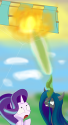 Size: 3000x5500 | Tagged: safe, artist:huffy26, queen chrysalis, starlight glimmer, changeling, pony, unicorn, g4, abuse, burning, chrysalis sure does hate starlight, enemies, evil, evil grin, evil is petty, glimmerbuse, grin, kite, kite flying, magic, moral event horizon, pure unfiltered evil, revenge, smiling, starlight vs chrysalis, that pony sure does love kites, this will end in death, you monster