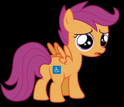 Size: 900x778 | Tagged: safe, scootaloo, pegasus, pony, g4, abuse, alternate cutie mark, black background, cutie mark, disabled, female, filly, hilarious in hindsight, looking back, op is a duck, sad, scootabuse, scootaloo can't fly, scootasad, simple background, we are going to hell