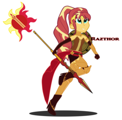 Size: 1861x1829 | Tagged: safe, artist:razthor, sunset shimmer, equestria girls, g4, clothes, cosplay, costume, crossover, female, inkscape, javelin, pyrrha nikos, rwby, shield, simple background, solo, transparent background, vector, weapon