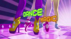 Size: 1912x1072 | Tagged: safe, screencap, pinkie pie, rainbow dash, rarity, equestria girls, equestria girls specials, g4, my little pony equestria girls: dance magic, ballet slippers, clothes, converse, female, high heels, intro, legs, logo, opening, pictures of legs, pointe, rapper pie, shoes, sneakers, title card