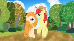 Size: 1362x757 | Tagged: safe, artist:silversthreads, bright mac, pear butter, earth pony, pony, g4, the perfect pear, apple tree, duo, female, flower, flower blossom, looking at each other, loving gaze, male, mare, pear tree, ship:brightbutter, shipping, stallion, straight, tree, unshorn fetlocks