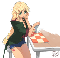 Size: 944x911 | Tagged: safe, artist:dusty-munji, applejack, human, equestria girls, g4, braid, clothes, cup, cute, eye clipping through hair, eyebrows, eyebrows visible through hair, female, freckles, humanized, jackabetes, looking at you, ponytail, shirt, shorts, simple background, sitting, solo, white background