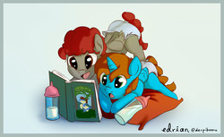 Size: 1992x1216 | Tagged: safe, artist:edrian, oc, oc only, alicorn, pegasus, pony, alicorn oc, book, cute, diaper, foal, milk bottle, pillow, reading, request