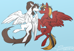 Size: 1000x689 | Tagged: safe, artist:sunny way, oc, oc only, oc:gear, oc:sunny way, pegasus, pony, rcf community, duo, flying, licking, tongue out