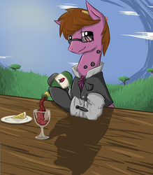 Size: 969x1108 | Tagged: safe, artist:violentdreamsofmine, oc, oc only, oc:fine wine, earth pony, pony, alcohol, cheese, clothes, dish, food, glass, glasses, male, solo, stallion, wine, wine glass