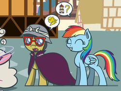 Size: 1800x1350 | Tagged: safe, artist:flutterluv, a.k. yearling, daring do, rainbow dash, pegasus, pony, g4, eyes closed, female, glasses, hat, mare, open mouth, ponyville, question mark, smiling